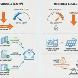 Comparaison des émissions de CO₂ pour une maison individuelle et un immeuble collectif, illustrant les gains potentiels grâce aux nouvelles normes rt 2020.