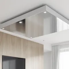 Plafon autoportant norme, design moderne avec surface miroir et éclairage LED intégré, s'intégrant parfaitement à un intérieur contemporain.