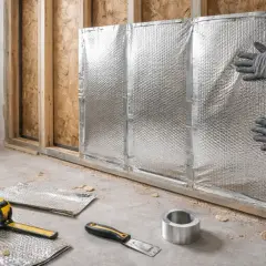 Pose d'un isolant mince sur un mur en construction. Des mains gantées ajustent le matériau réfléchissant. Outils et rouleaux d'isolant au sol.