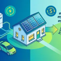 Maison avec panneaux solaires, voiture électrique et électroménagers. Flèche verte vers pylône électrique, symbolisant le tarif rachat électricité.