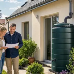 Un couple examine des papiers près d'une installation récupérateur eau de pluie verte, connectée à la gouttière de leur maison.
