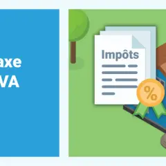 Maison avec panneaux solaires, document "Impôts" et médaille avec pourcentage. Comprendre la taxe foncière et les impôts liés aux panneaux photovoltaïques.