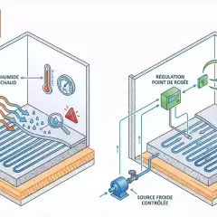 Schéma illustrant un plancher rafraîchissant avec régulation du point de rosée pour un confort optimal.