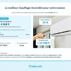 Simulation d'une pompe à chaleur air-air pour un appartement, avec devis estimatif et économies potentielles.