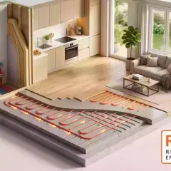 Système de chauffage au sol avec pompe à chaleur (PAC) alimentant un plancher chauffant dans une maison moderne.