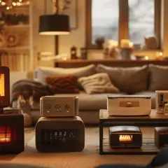 Plusieurs appareils de chauffage économique sont disposés dans un salon cosy, éclairé par des guirlandes lumineuses.
