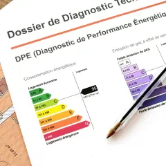 Dossier DPE, avec graphiques de consommation et d'émission de GES, rappelant la norme RT 2012.