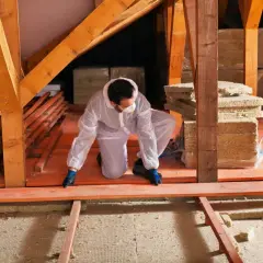 Un ouvrier en combinaison installe l'isolant entre solive et OSB dans un grenier.