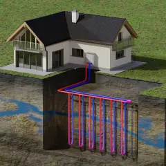 Maison avec système de géothermie. Un puits profond révèle des tuyaux qui puisent la chaleur du sol pour chauffer l'habitation.