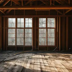 Intérieur d'une maison en construction, avec une **structure bois** apparente, de grandes fenêtres donnant sur une forêt d'arbres nus.
