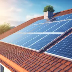 Panneaux solaires bleus brillants sur un toit de tuiles rouges, symbolisant une maison autonome et écologique sous un ciel bleu clair.