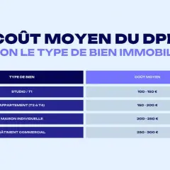 Tableau comparatif du diagnostic DPE : prix moyen pour studios (100-150€), appartements (150-200€), maisons (200-250€) et bâtiments commerciaux (250-300€).