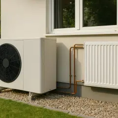 Unité extérieure d'une pompe à chaleur haute température, connectée à un radiateur blanc par des tuyaux en cuivre.
