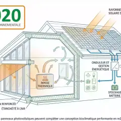 Maison RE2020 : panneaux photovoltaïques en silicium sur le toit, gestion énergétique, stockage batterie, isolation renforcée, apports solaires passifs.