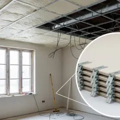 Travaux de rénovation d'un appartement : pose de l'isolation du plafond avec des panneaux et fixation du faux plafond. Gros plan sur les clips de fixation.