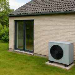 Une pompe à chaleur basse température, discrète et moderne, est installée à côté d'une maison en briques claires, sur une pelouse verte.