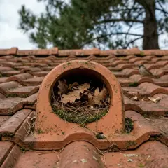 Un moineau sur un toit de tuiles rouges, près d'une chatière de toiture remplie de feuilles. La réglementation sur les chatières de toiture est importante pour la sécurité.