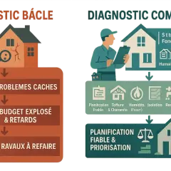 Diagnostic bâclé vs. complet pour une rénovation maison de maître. Le premier mène à des problèmes cachés, budget explosé et travaux à refaire. Le second assure une planification fiable.