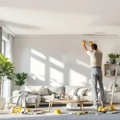 Un homme en gants jaunes s'apprête à refaire un plafond dans un salon lumineux. Des outils sont posés au sol.
