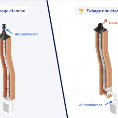 Comparaison de deux systèmes d'évacuation chaudiere condensation : tubage étanche (air comburant et fumées séparés) vs non étanche (mélange).