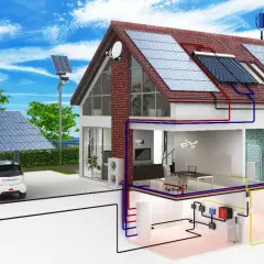 Maison passive avec panneaux solaires, borne de recharge pour voiture électrique et système de chauffage. Le prix d'une telle maison est un investissement durable.