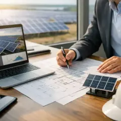 Ingénieur travaillant sur des plans pour un bureau d'étude panneaux photovoltaïques. L'écran de son ordinateur affiche des panneaux solaires et des graphiques.