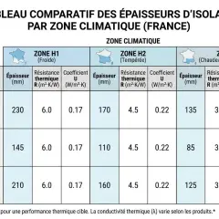 Tableau comparatif des épaisseurs d'isolants par zone climatique. Le coefficient U varie selon le matériau et la zone, influençant la performance thermique.