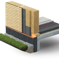 Coupe d'un mur et d'un sol isolés, montrant des couches de bois, de gravier, de mousse de verre et de béton.