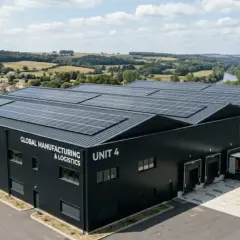 Bâtiment industriel noir avec panneaux solaires sur le toit, portant l'inscription "GLOBAL MANUFACTURING & LOGISTICS UNIT 4". Un camion AEC LOGISTICS est garé à quai.