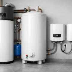 Système de chauffage d'eau moderne avec plusieurs chauffe-eau, prêt pour un remplacement.