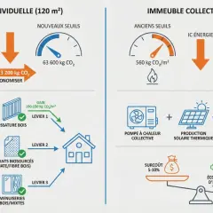 Comparaison des émissions de CO₂ pour une maison individuelle et un immeuble collectif, illustrant les gains potentiels grâce aux nouvelles normes rt 2020.