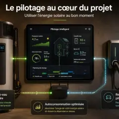 Système de **box gestion énergie solaire** intelligent : chauffe-eau prioritaire, recharge VE optimisée et autoconsommation maximisée.