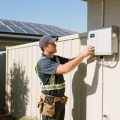 Un technicien ajuste un local onduleur sur un mur extérieur, avec des panneaux solaires visibles sur le toit en arrière-plan.