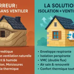 Maison en pierre étouffée par l'isolation sans ventilation, contrastant avec une maison aérée et ventilée. Une bonne rénovation maison pierre allie isolation et ventilation.