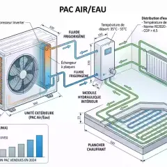 Schéma d'une formation pompe à chaleur air/eau montrant l'unité extérieure, le module intérieur, les radiateurs et le plancher chauffant.