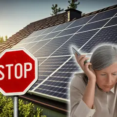 Panneaux solaires sur un toit, panneau STOP et femme stressée avec carte bancaire. Attention à l'arnaque panneaux solaires.