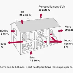 Diagramme illustrant les déperditions thermiques d'une maison, utile pour un logiciel calcul isolation thermique. Montre les pertes par toit, murs, fenêtres, sols, ponts thermiques et renouvellement d'air.