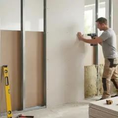 Un homme fixe une plaque de placo sur une ossature métallique. Le schéma de cloison placo est en cours de construction, avec de l'isolant visible.