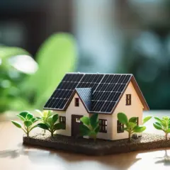 Modèle de bâtiment photovoltaïque avec des panneaux solaires sur le toit, entouré de verdure.