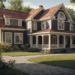 Maison victorienne avec porche, toiture rouge et revêtement bleu foncé. Un chemin en pierre mène à la propriété, évoquant le charme d'une rénovation réussie.