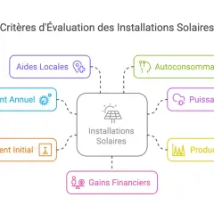 Schéma des critères d'évaluation des installations solaires, incluant l'autoconsommation, la puissance installée, la production réelle, les gains financiers, l'investissement initial, l'ensoleillement annuel et les aides locales pour évaluer la **panne...