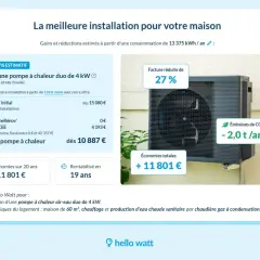Simulation d'une pompe à chaleur air-eau duo de 4 kW. Réduisez votre facture de 27% et vos émissions de CO₂. Une solution pour un chauffage et eau chaude performants.