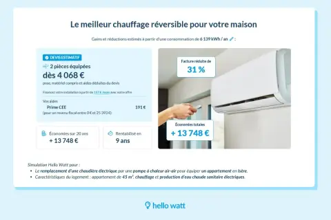 Simulation d'une pompe à chaleur air-air pour un appartement, avec devis estimatif et économies potentielles.
