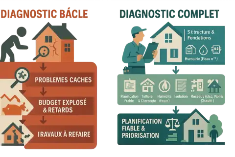 Diagnostic bâclé vs. complet pour une rénovation maison de maître. Le premier mène à des problèmes cachés, budget explosé et travaux à refaire. Le second assure une planification fiable.