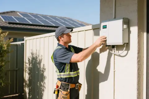 Un technicien ajuste un local onduleur sur un mur extérieur, avec des panneaux solaires visibles sur le toit en arrière-plan.