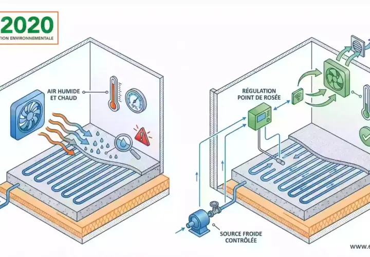 Schéma RE2020 : gestion de l'air humide et chaud. La régulation du point de rosée contrôle le système, gérant la chaleur latente pour un confort optimal.