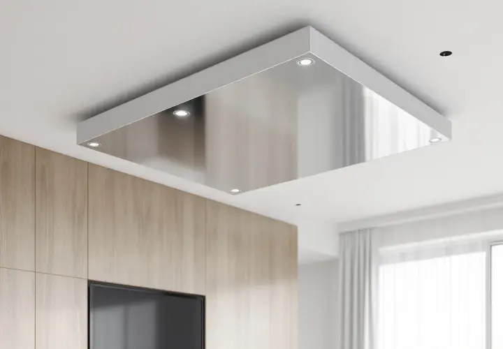 Plafon autoportant norme, design moderne avec surface miroir et éclairage LED intégré, s'intégrant parfaitement à un intérieur contemporain.