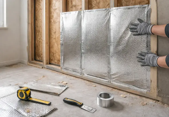 Pose d'un isolant mince sur un mur en construction. Des mains gantées ajustent le matériau réfléchissant. Outils et rouleaux d'isolant au sol.