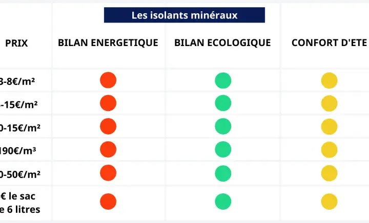 Tableau comparatif des isolants minéraux : laine de verre, roche, vermiculite, perlite, verre cellulaire, argile expansé. Aide à choisir quel isolant choisir selon prix, bilan énergétique, écologique et confort d'été.