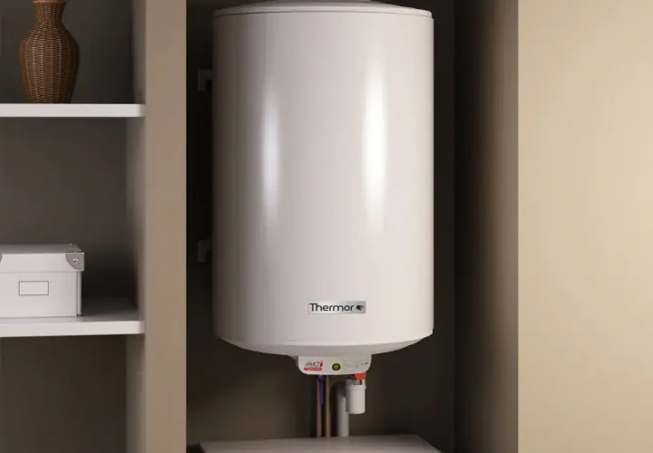 Chauffe eau thermodynamique Thermor, discret dans son placard. Pas de bruit, juste de l'eau chaude.